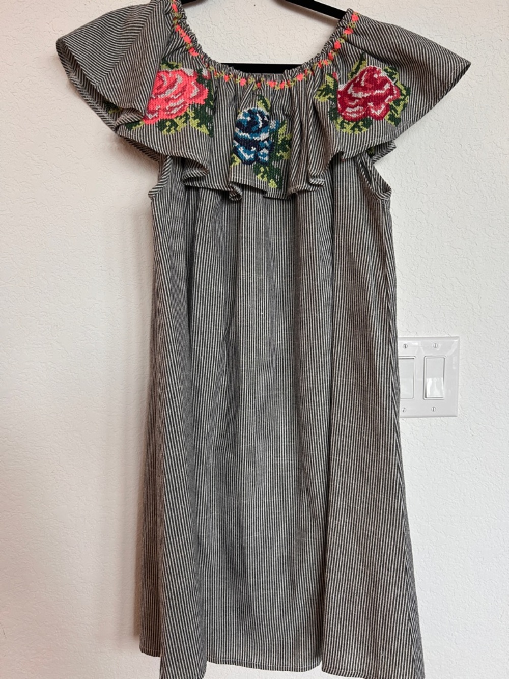 Velzera Gray Pinstripe Midi Dress with Pink, Red and Blue Floral Embroidery